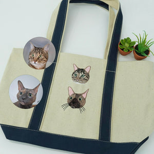 Custom Cat Portrait Canvas Tote - Embroidered Pet Photo Full Color Bag & Name for Cat Parent