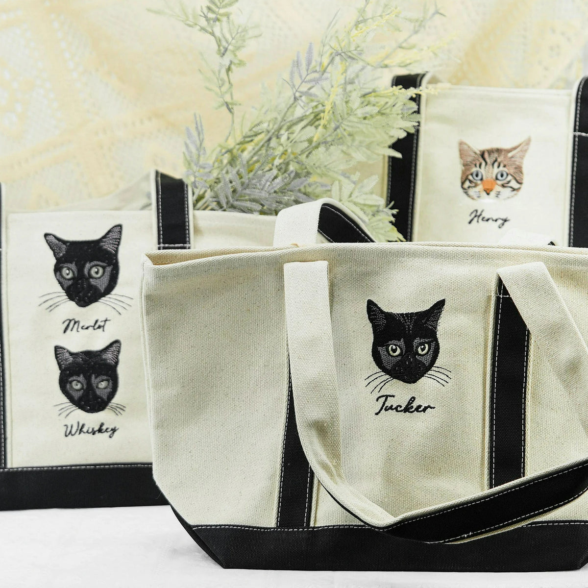 Custom Cat Portrait Canvas Tote - Embroidered Pet Photo Full Color Bag & Name for Cat Parent