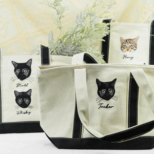 Custom Cat Portrait Canvas Tote - Embroidered Pet Photo Full Color Bag & Name for Cat Parent