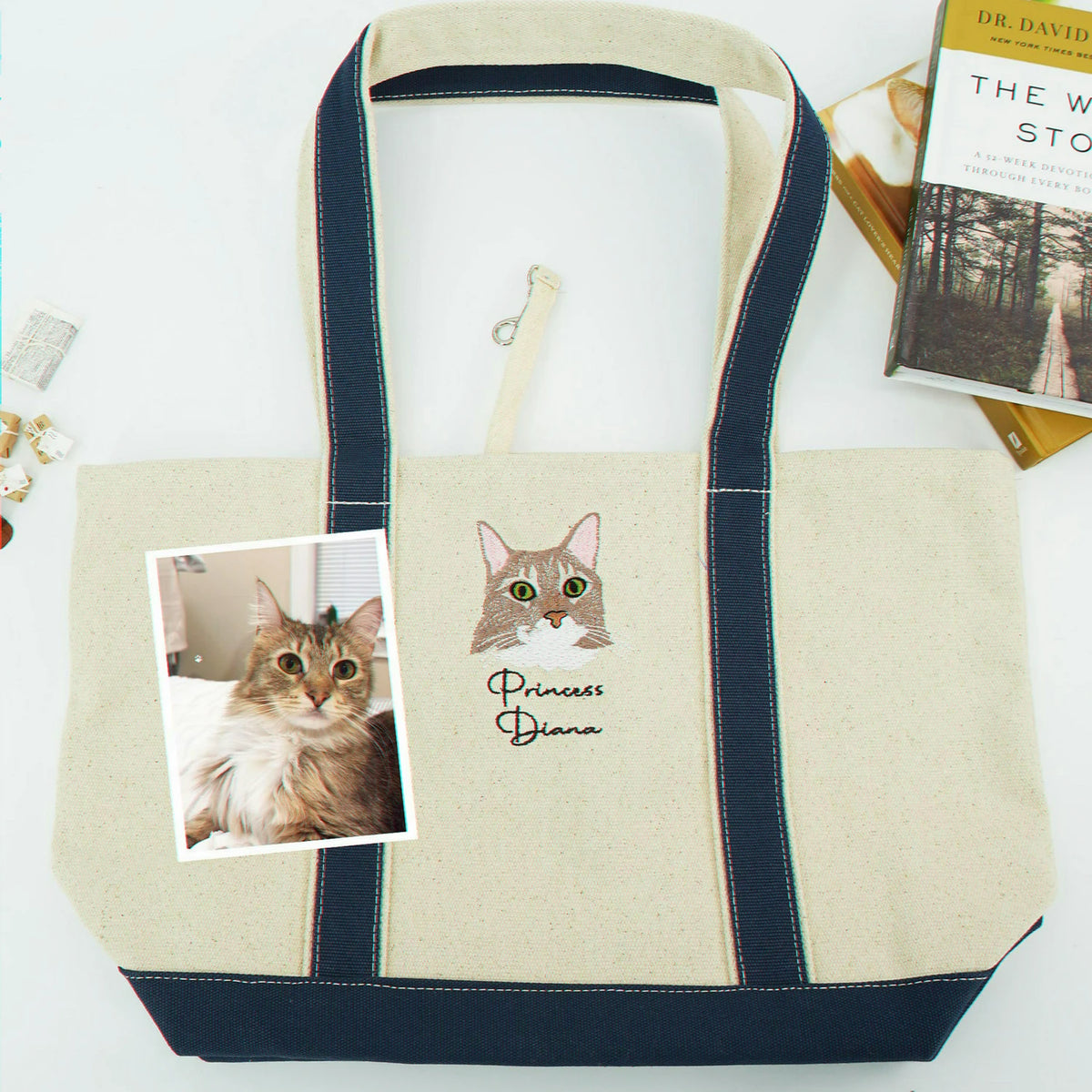 Custom Cat Portrait Canvas Tote - Embroidered Pet Photo Full Color Bag & Name for Cat Parent