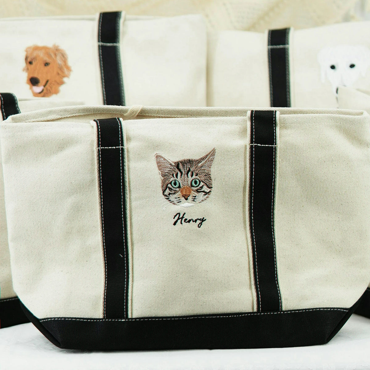 Custom Cat Portrait Canvas Tote - Embroidered Pet Photo Full Color Bag & Name for Cat Parent