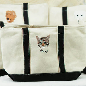 Custom Cat Portrait Canvas Tote - Embroidered Pet Photo Full Color Bag & Name for Cat Parent