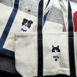 Custom Cat Portrait Canvas Tote - Embroidered Pet Photo Full Color Bag & Name for Cat Parent