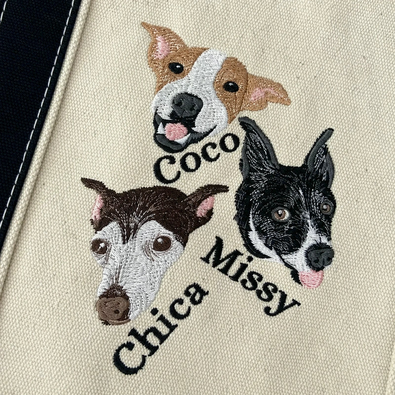 Custom Dog Portrait Canvas Tote - Embroidered Pet Photo Full Color Bag & Name for Dog Parent