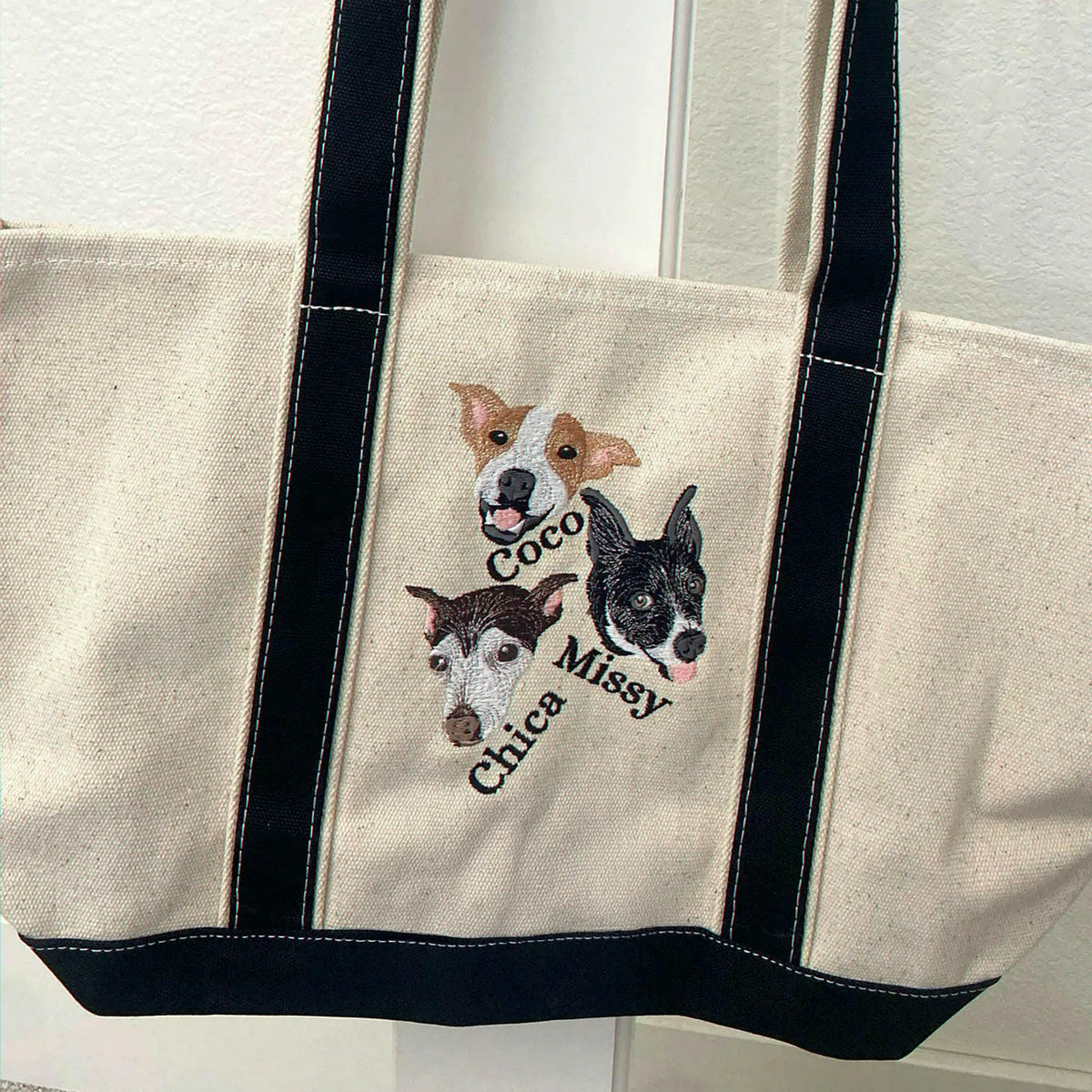 Custom Dog Portrait Canvas Tote - Embroidered Pet Photo Full Color Bag & Name for Dog Parent