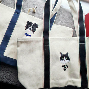 Custom Dog Portrait Canvas Tote - Embroidered Pet Photo Full Color Bag & Name for Dog Parent