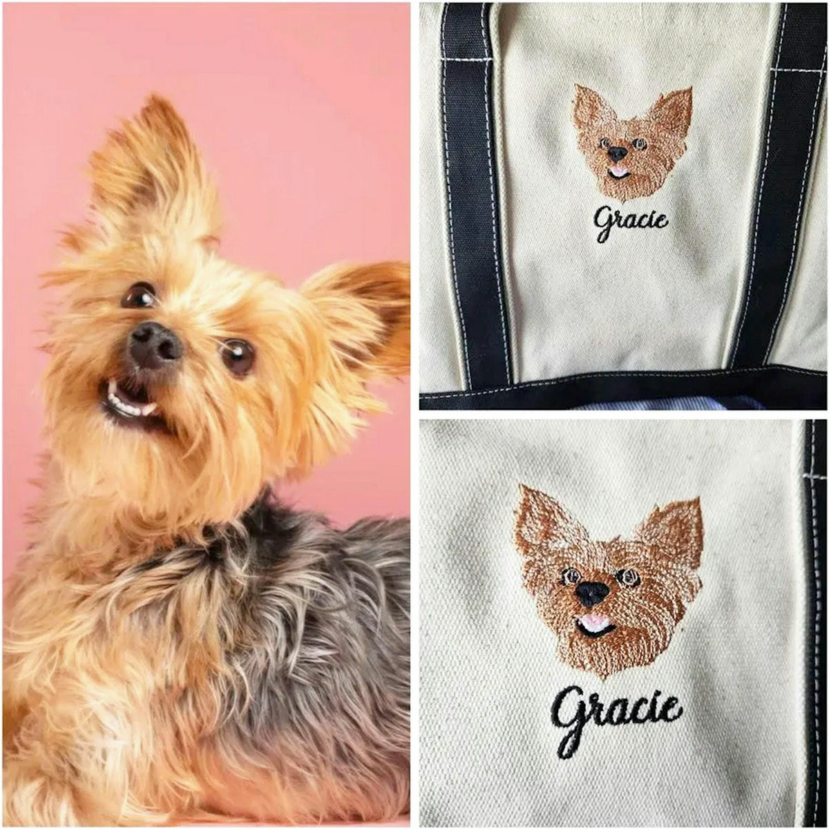 Custom Dog Portrait Canvas Tote - Embroidered Pet Photo Full Color Bag & Name for Dog Parent