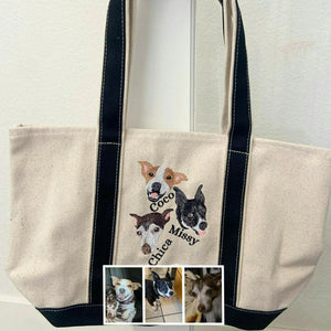 Custom Dog Portrait Canvas Tote - Embroidered Pet Photo Full Color Bag & Name for Dog Parent