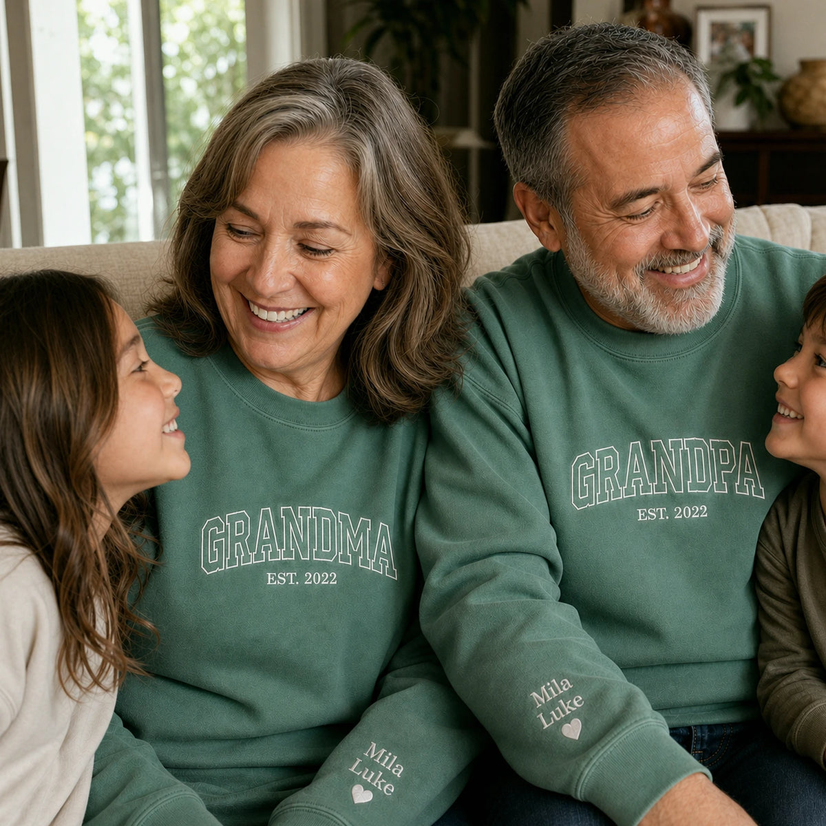 Custom Comfort Colors® Grandpa Grandma Matching Sweatshirt, Embroidered Varsity Kids Name, Grandparent Day Gift