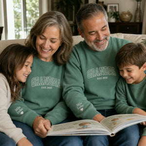 Custom Comfort Colors® Grandpa Grandma Matching Sweatshirt, Embroidered Varsity Kids Name, Grandparent Day Gift