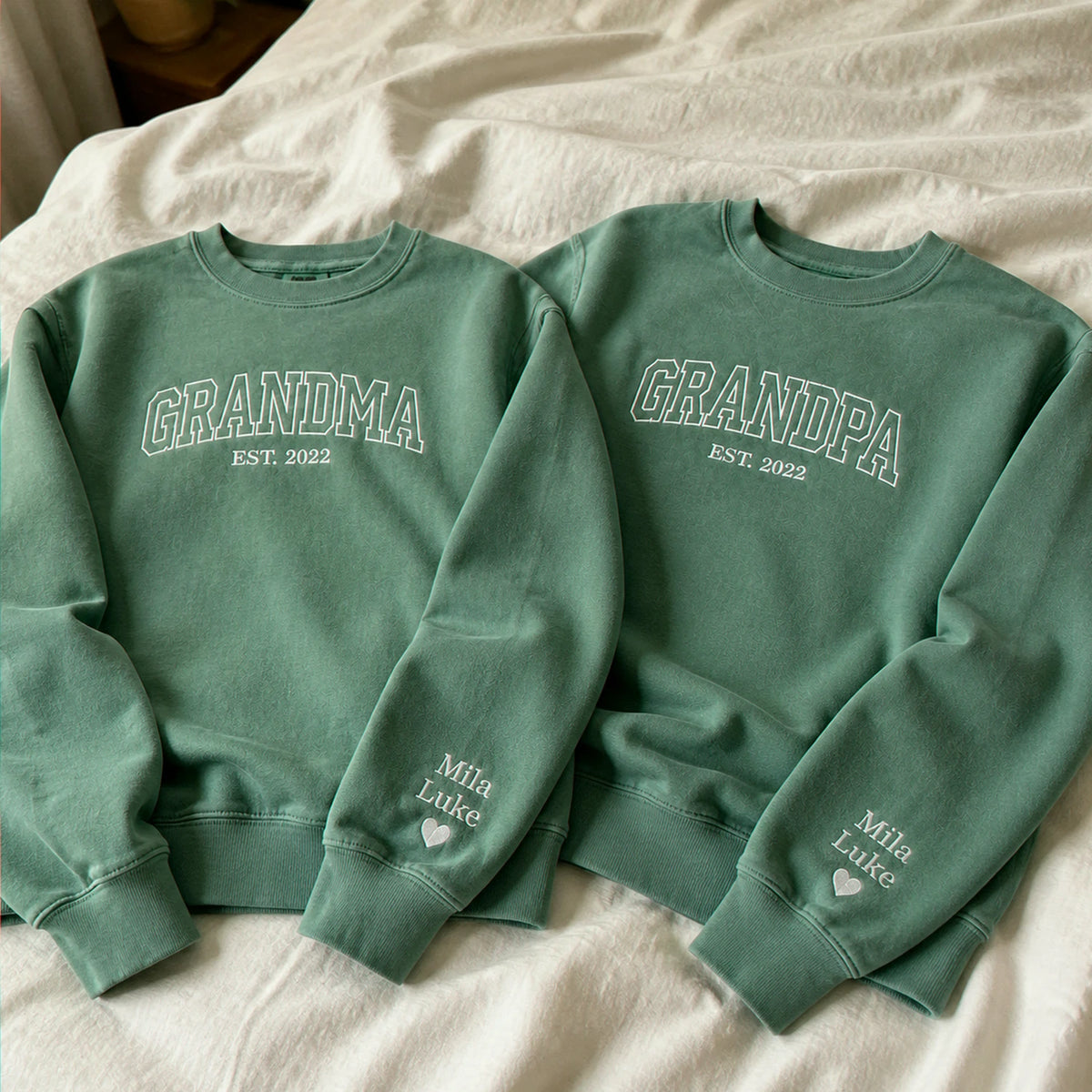 Custom Comfort Colors® Grandpa Grandma Matching Sweatshirt, Embroidered Varsity Kids Name, Grandparent Day Gift