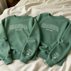 Custom Comfort Colors® Grandpa Grandma Matching Sweatshirt, Embroidered Varsity Kids Name, Grandparent Day Gift