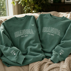 Custom Comfort Colors® Grandpa Grandma Matching Sweatshirt, Embroidered Varsity Kids Name, Grandparent Day Gift