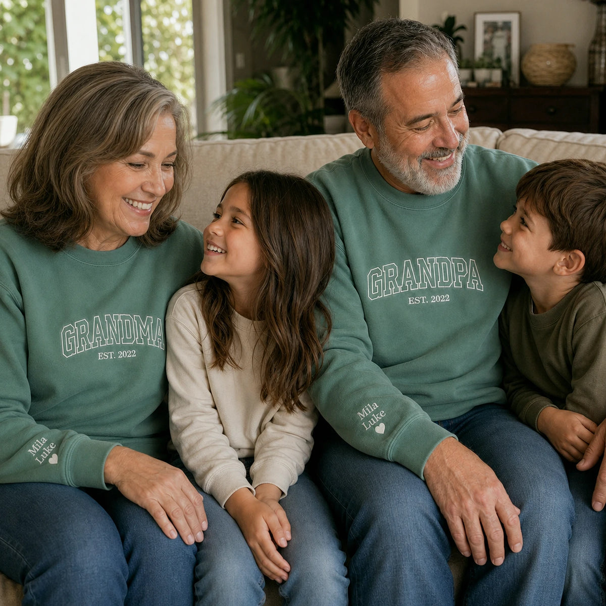 Custom Comfort Colors® Grandpa Grandma Matching Sweatshirt, Embroidered Varsity Kids Name, Grandparent Day Gift