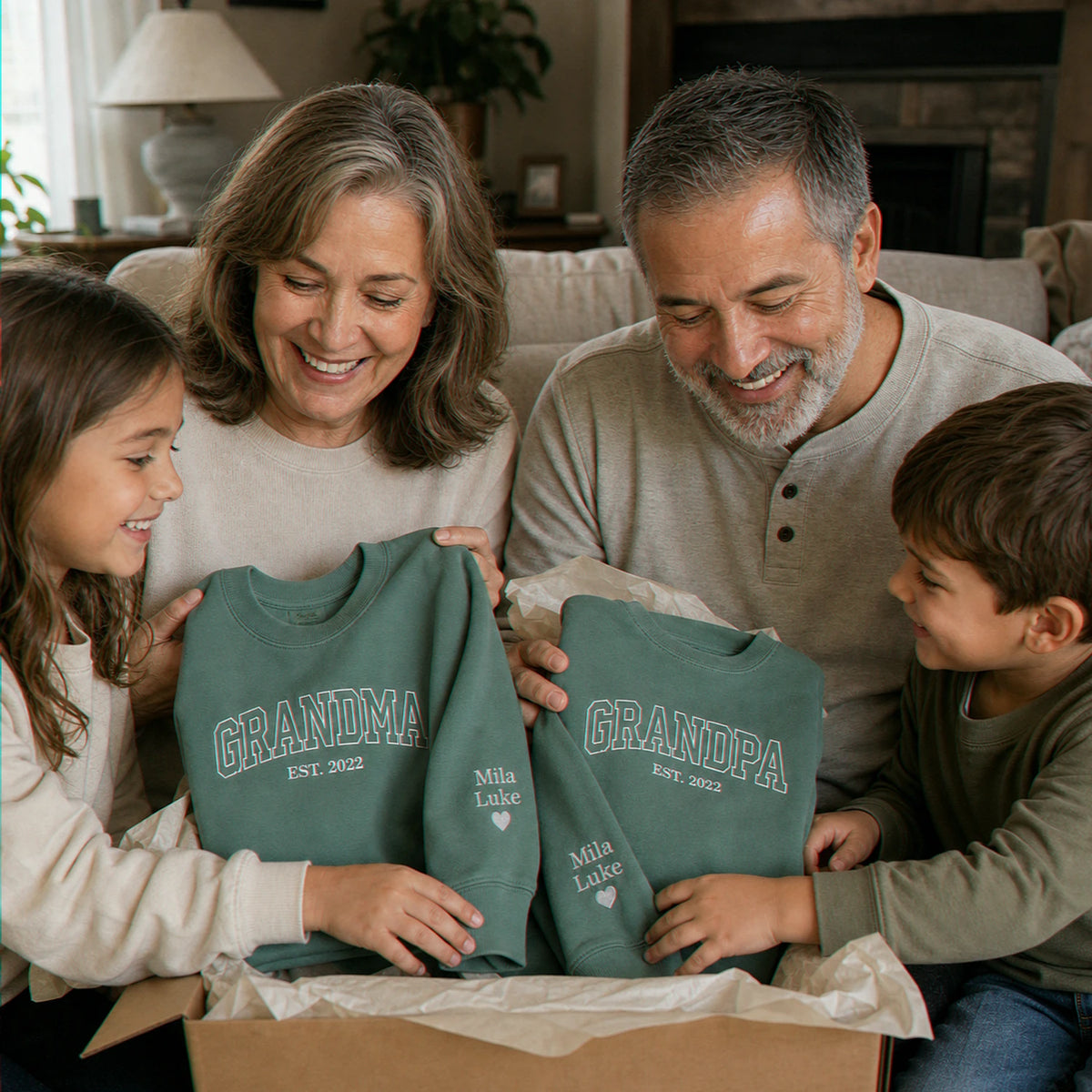 Custom Comfort Colors® Grandpa Grandma Matching Sweatshirt, Embroidered Varsity Kids Name, Grandparent Day Gift