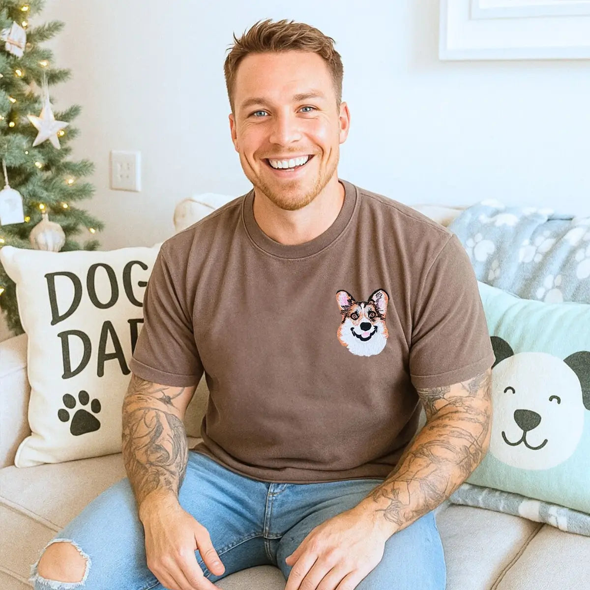 Embroidered shirt with Corgi photo portrait and pet name stitched on sleeve – perfect personalized gift for dog dads