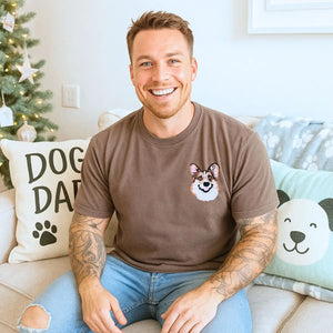 Embroidered shirt with Corgi photo portrait and pet name stitched on sleeve – perfect personalized gift for dog dads