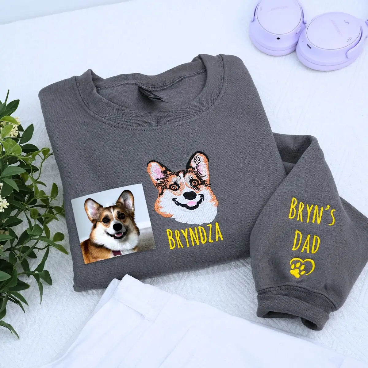 Embroidered shirt with Corgi photo portrait and pet name stitched on sleeve – perfect personalized gift for dog dads