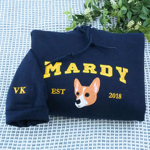 Embroidered Corgi dog portrait on hoodie with custom text on sleeve for dog moms