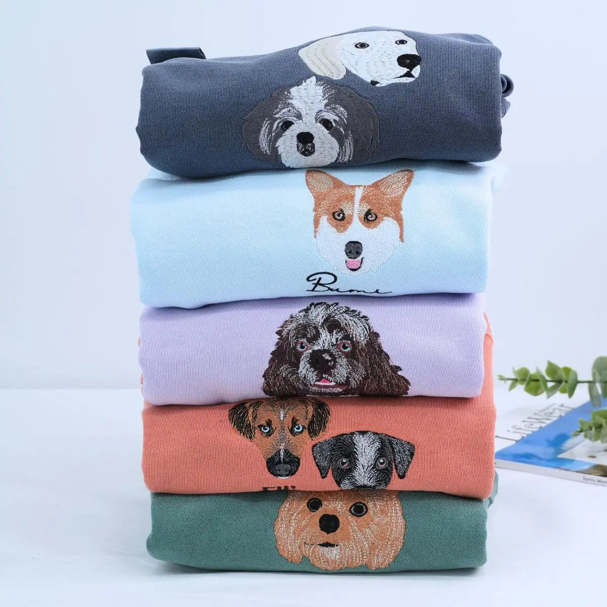 Embroidered Corgi dog portrait on shirt with custom text on sleeve for dog moms