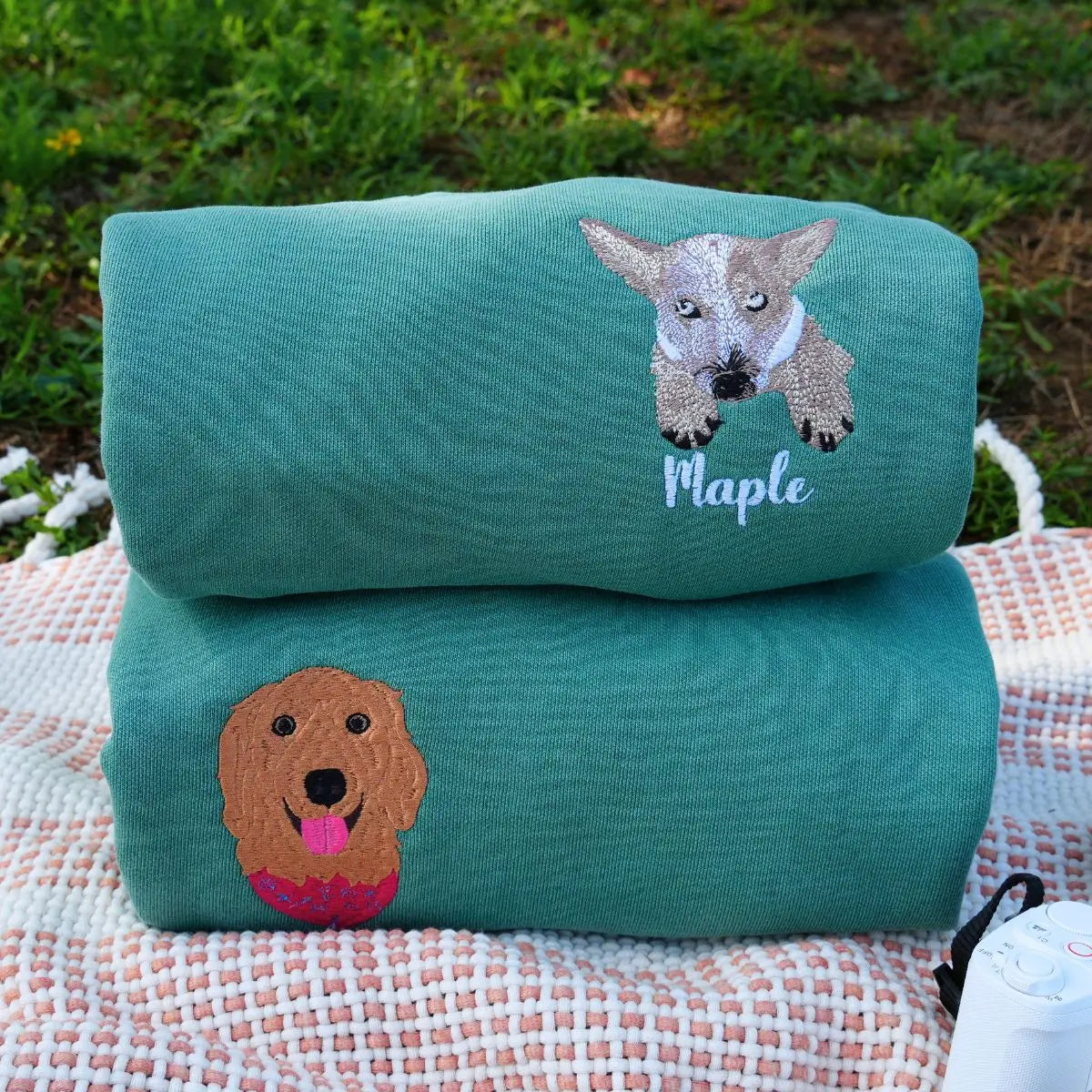 Embroidered Corgi dog portrait on shirt with custom text on sleeve for dog moms