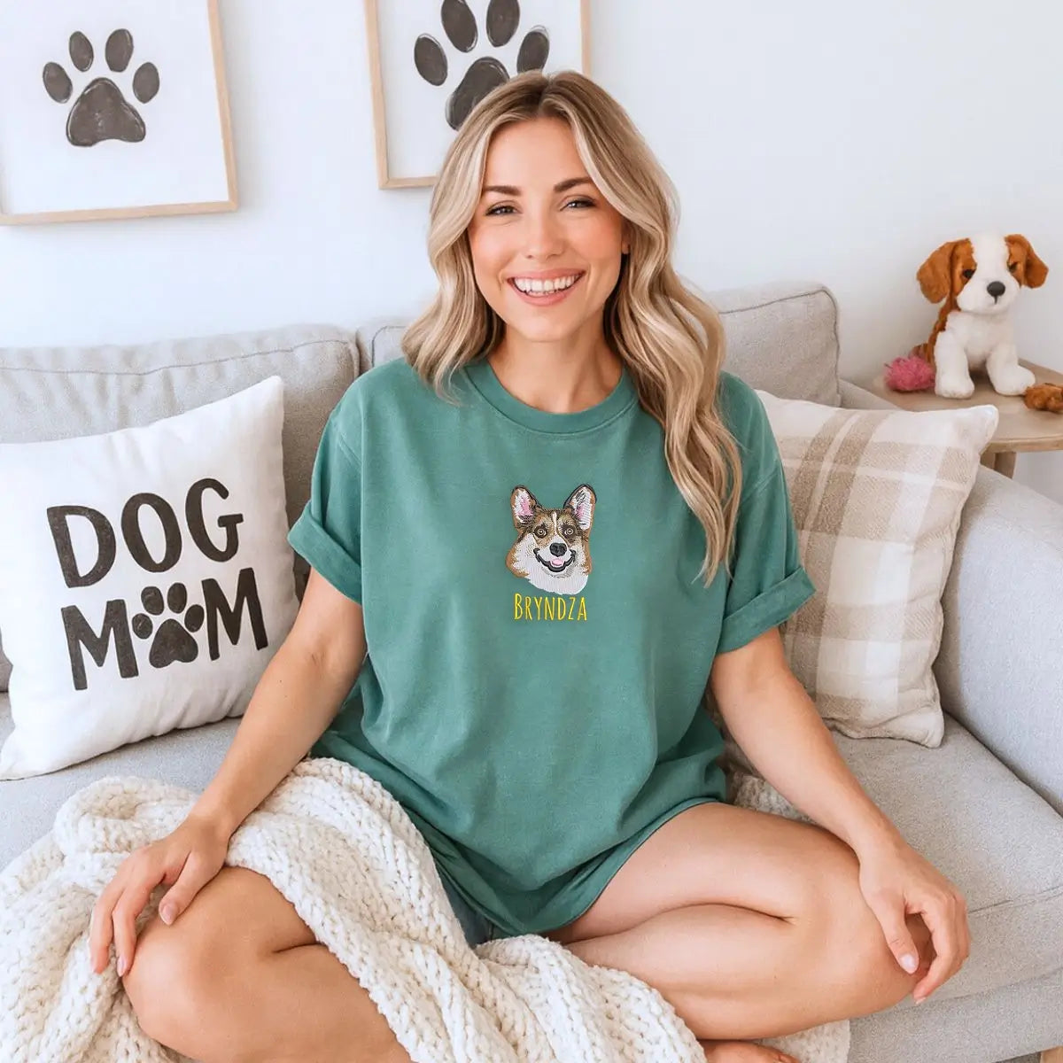 Embroidered Corgi dog portrait on shirt with custom text on sleeve for dog moms