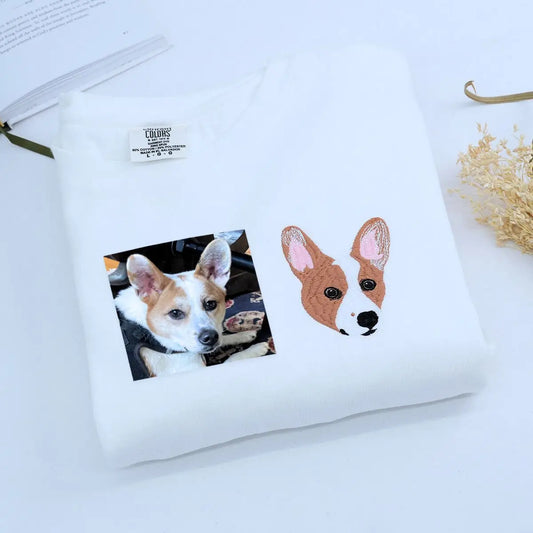 Embroidered Corgi dog portrait on shirt with custom text on sleeve for dog moms