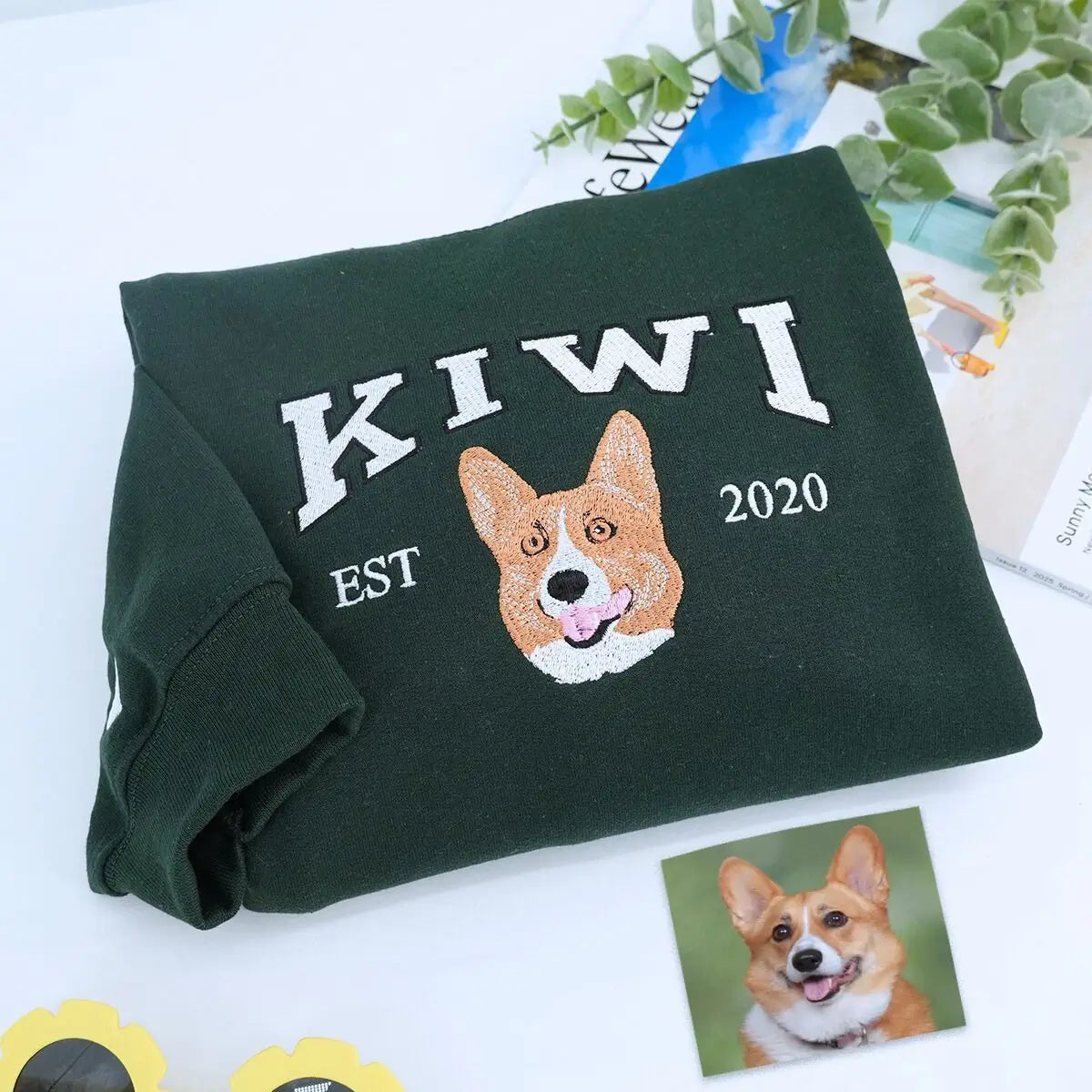 Embroidered Corgi dog portrait on sweatshirt with custom text on sleeve for dog moms