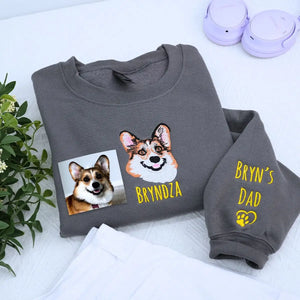 Embroidered Corgi dog portrait on sweatshirt with custom text on sleeve for dog moms
