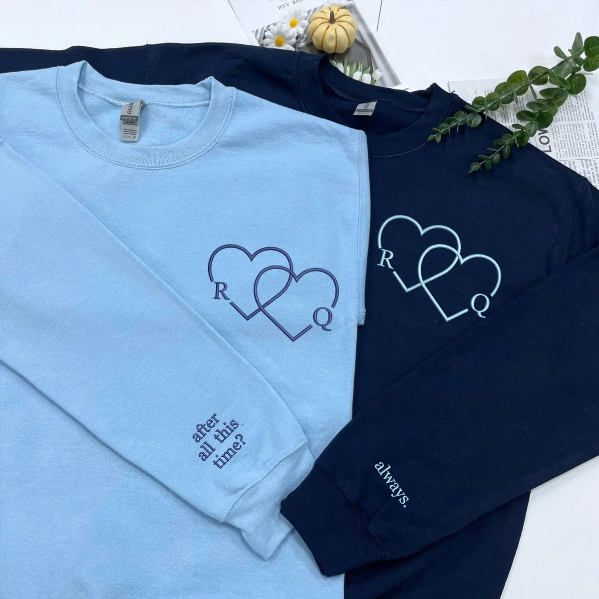Custom embroidered couple hoodie with heart initials and Roman numeral date, personalized his and hers sweatshirt for couples