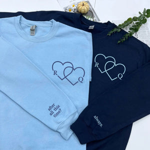 Custom embroidered couple hoodie with heart initials and Roman numeral date, personalized his and hers sweatshirt for couples