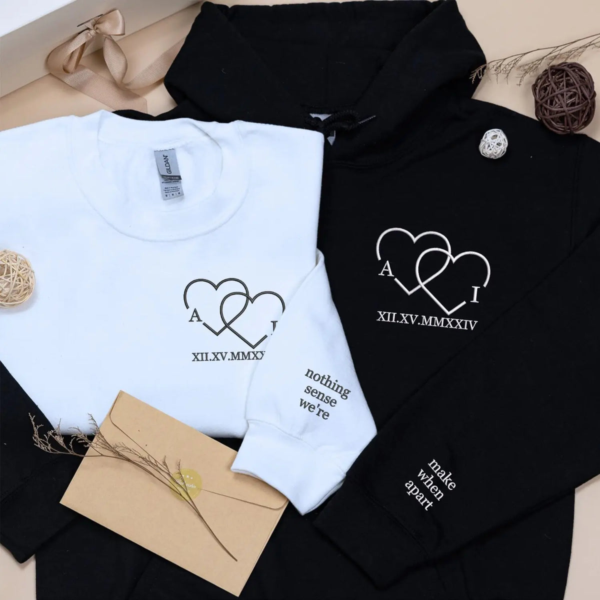 Custom embroidered couple hoodie with heart initials and Roman numeral date, personalized his and hers sweatshirt for couples