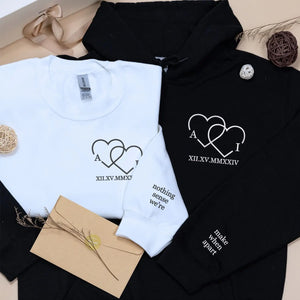Custom embroidered couple hoodie with heart initials and Roman numeral date, personalized his and hers sweatshirt for couples