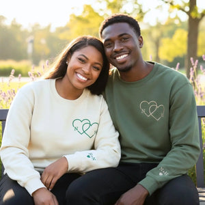 Custom embroidered couple hoodie with heart initials and Roman numeral date, personalized his and hers sweatshirt for couples