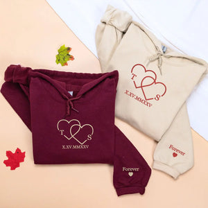 Custom embroidered couple hoodie with heart initials and Roman numeral date, personalized his and hers sweatshirt for couples
