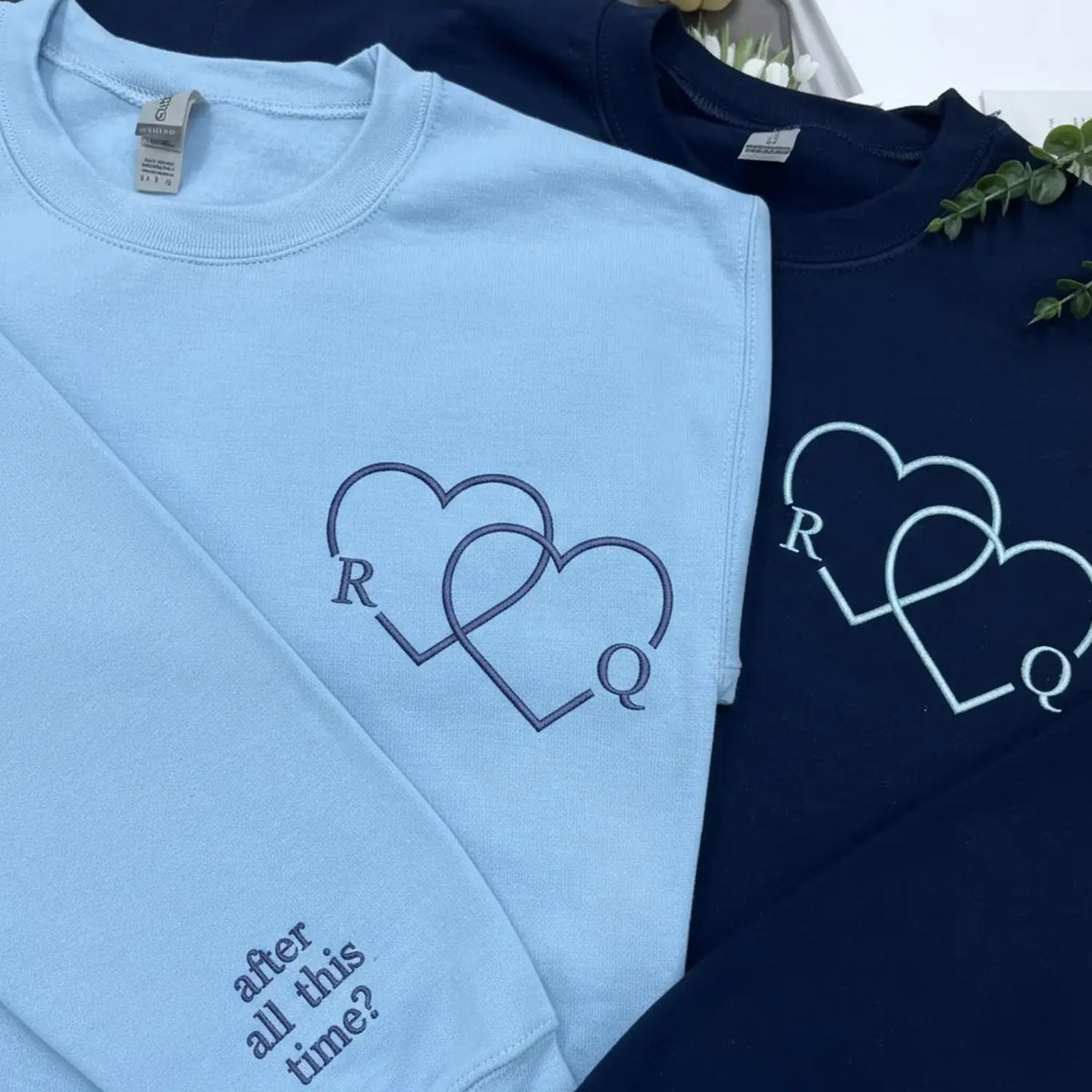 Custom embroidered couple hoodie with heart initials and Roman numeral date, personalized his and hers sweatshirt for couples