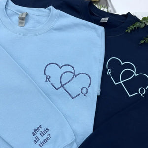 Custom embroidered couple hoodie with heart initials and Roman numeral date, personalized his and hers sweatshirt for couples
