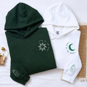 Custom couple embroidered hoodie with sun and moon design and portrait from photo on sleeve