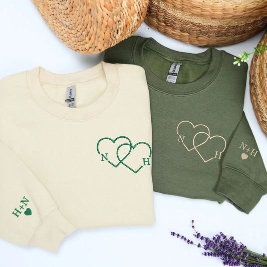 Custom embroidered couple hoodie with heart initials and Roman numeral date, personalized his and hers sweatshirt for couples