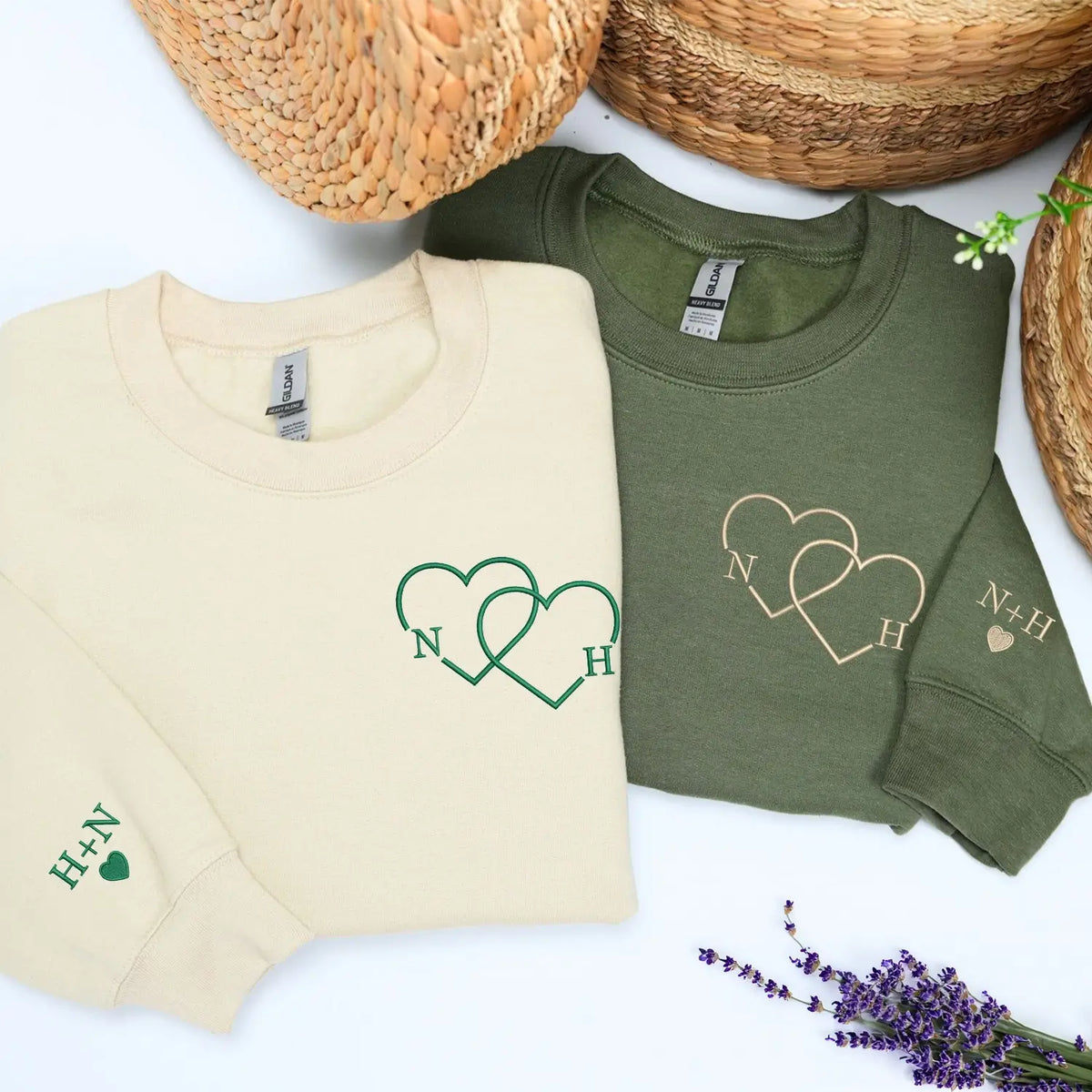 Custom embroidered couple hoodie with heart initials and Roman numeral date, personalized his and hers sweatshirt for couples