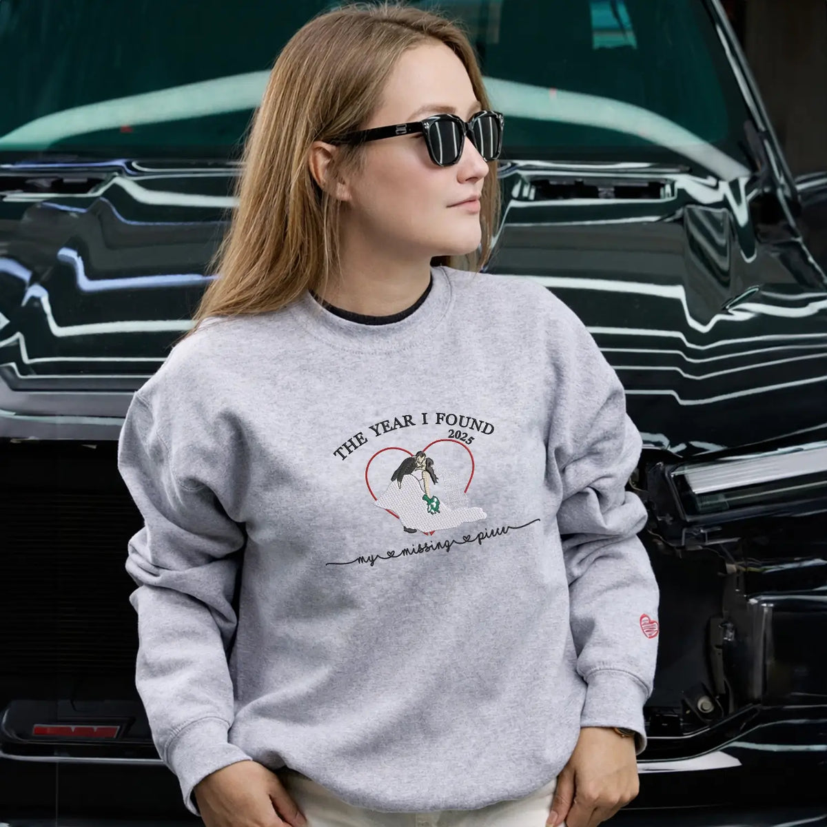 Custom couples sweatshirt embroidered with photo on chest