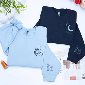 Custom couple embroidered sweatshirt with sun and moon design and portrait from photo on sleeve