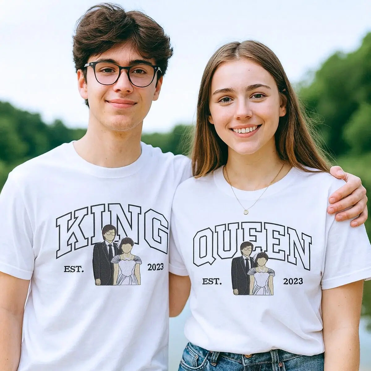 Custom embroidered couple shirts with portrait and name on sleeve, perfect gift for lovers