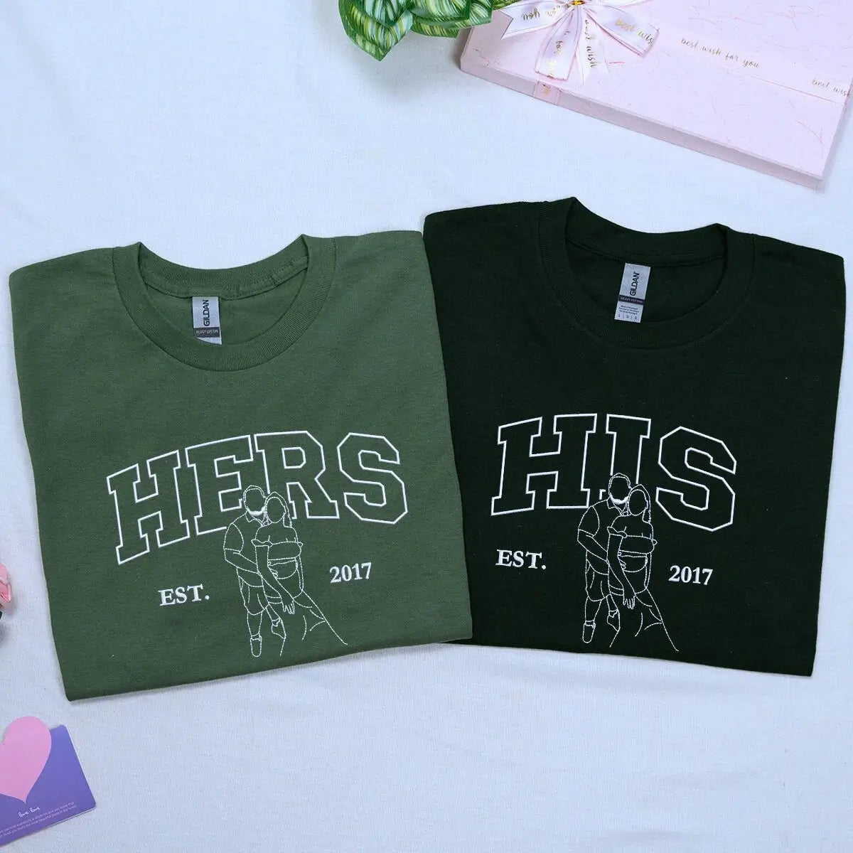 Embroidered his and her shirts with custom photo portrait and name on sleeve