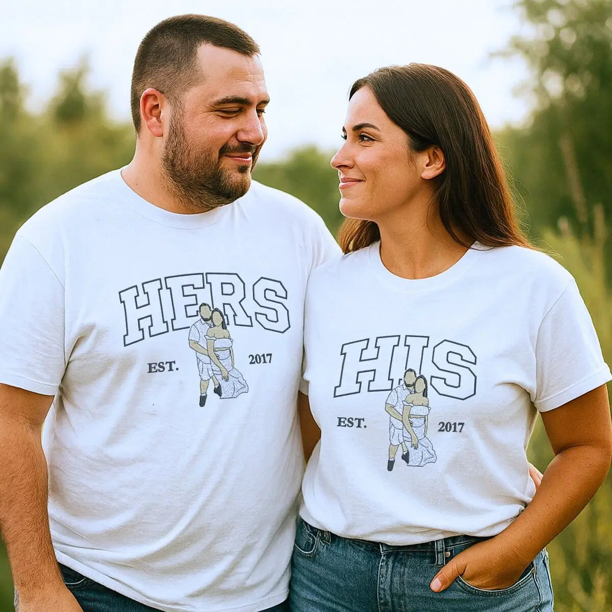Embroidered his and her shirts with custom photo portrait and name on sleeve