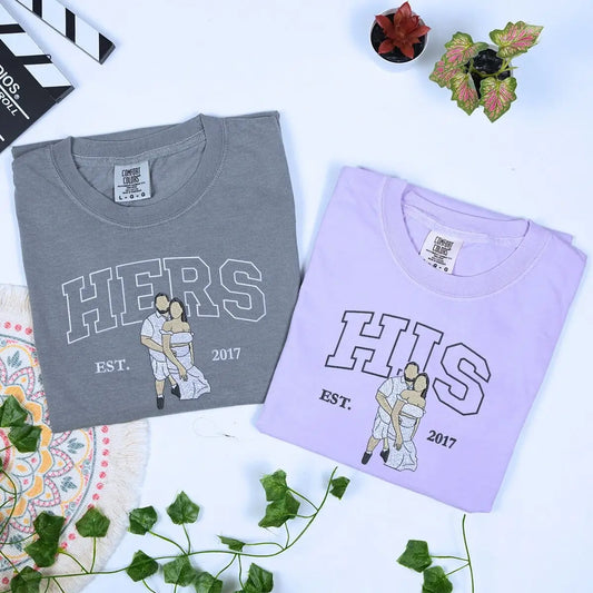 Embroidered his and her shirts with custom photo portrait and name on sleeve