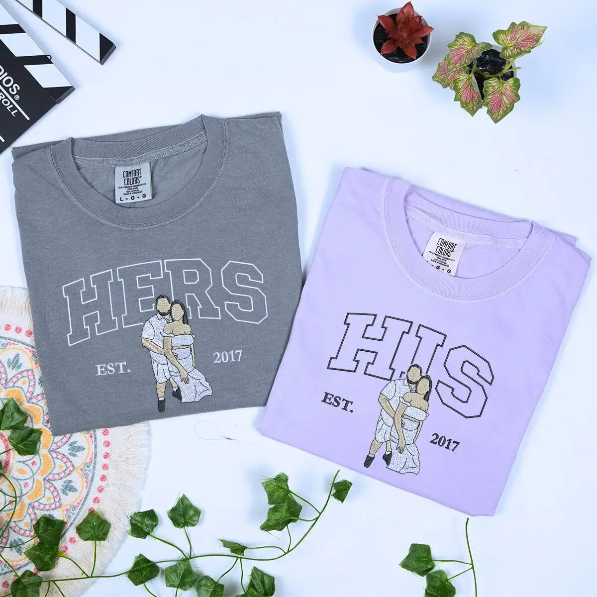 Embroidered his and her shirts with custom photo portrait and name on sleeve