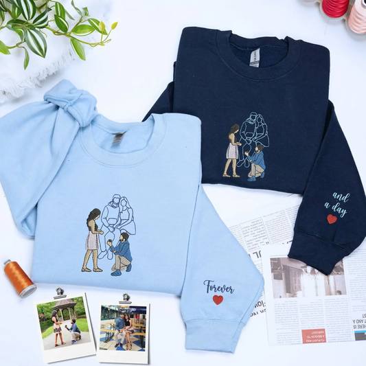 Custom couple portrait embroidered on matching sweatshirts from customer photo
