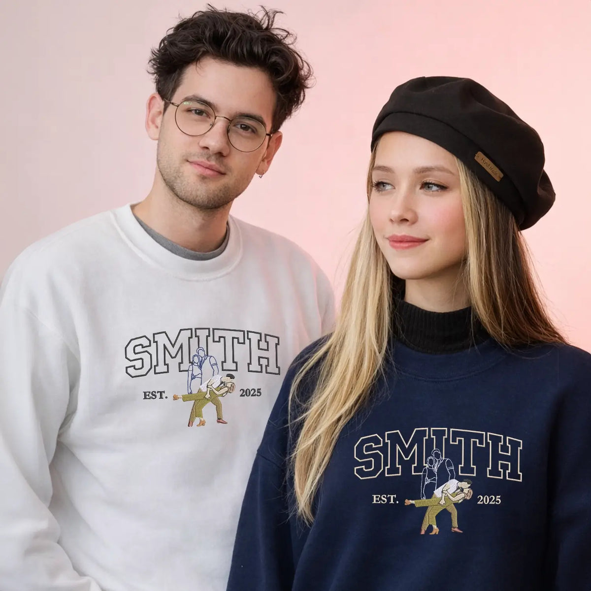 Custom couple portrait embroidered on matching sweatshirts from customer photo