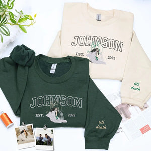 Custom couple portrait embroidered on matching sweatshirts from customer photo